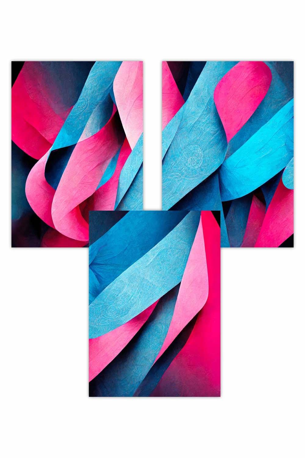 Set of 3 Geometric Abstract Bright Blue and Hot Pink Deco Shapes Art Posters
